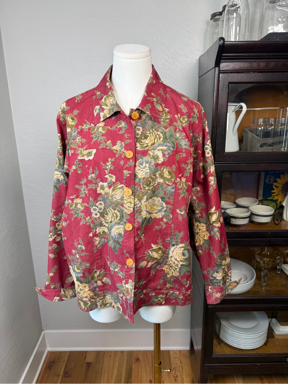 TravelSmith Floral Cotton Blend Button Front Jacket Red Size L
